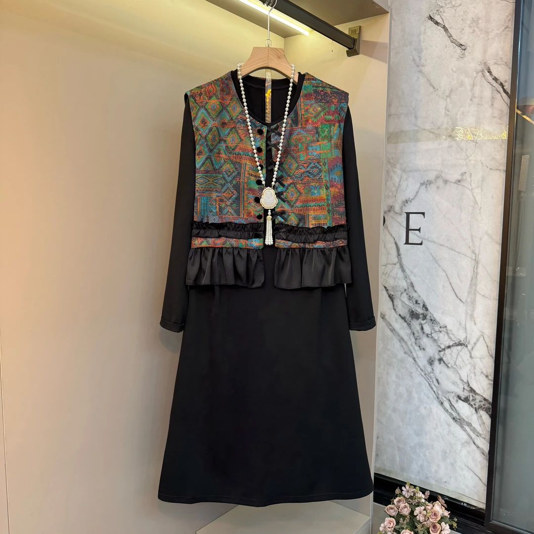 2025秋25905新中式名媛时尚高级大码胖mm短外套+连衣裙套装25905