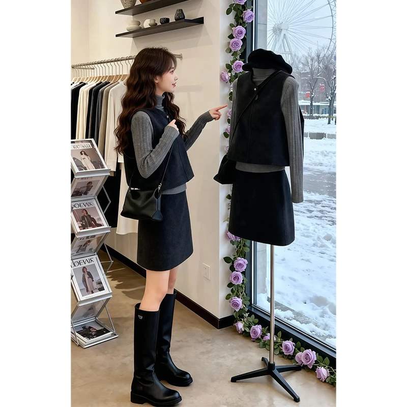 秋冬一整套百搭短款无袖马甲毛呢外套针织毛衣半身裙子三件套装女