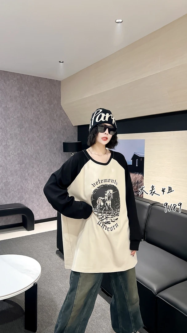 9189春秋新款大码胖mm长袖T恤女设计感小众美式复古插肩袖上衣潮