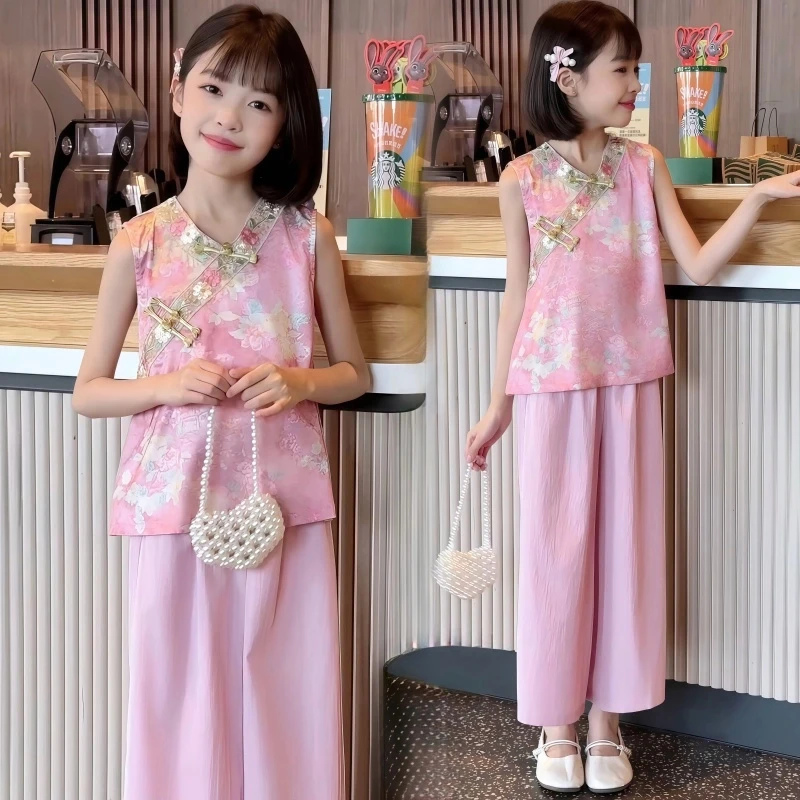 女童国风盘扣马甲套装夏季2025新款儿童新中式碎花无袖九分阔腿裤