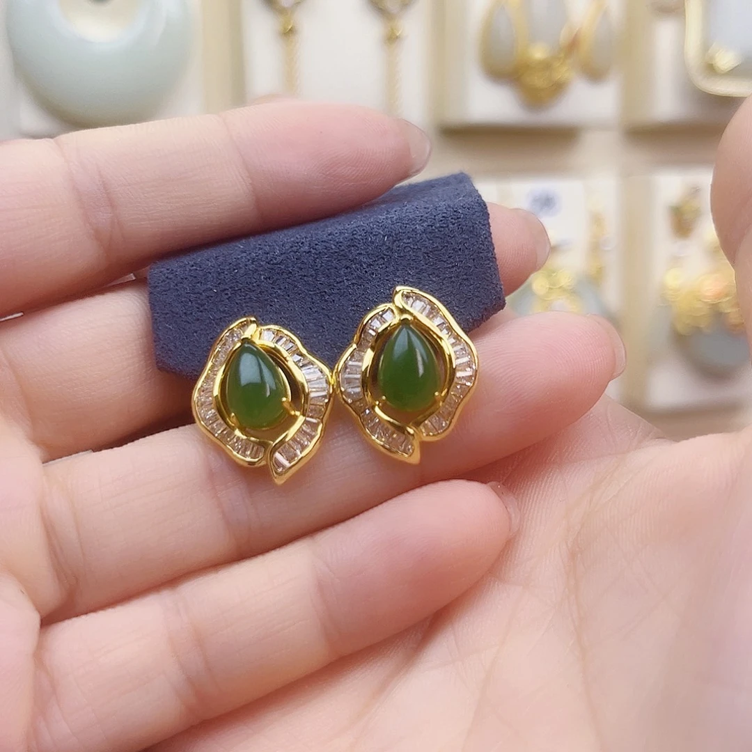 和田玉银S925镀金镶嵌耳饰