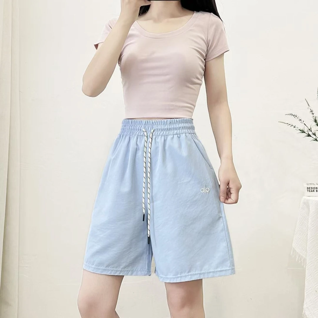 638短裤热裤松紧腰高腰大码蓝色刺绣速干短裤宽松夏季-C24