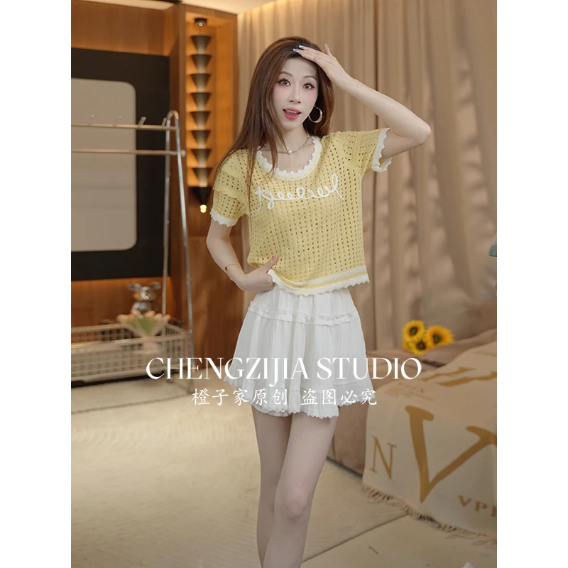 【裴诗婷】橙子·studio【罗马假日】TX00163三层袖镂空显瘦字母短袖08