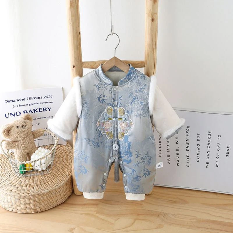 婴儿冬季衣服冬装新中式男女宝宝加绒加厚连体衣满月周岁幼儿爬服