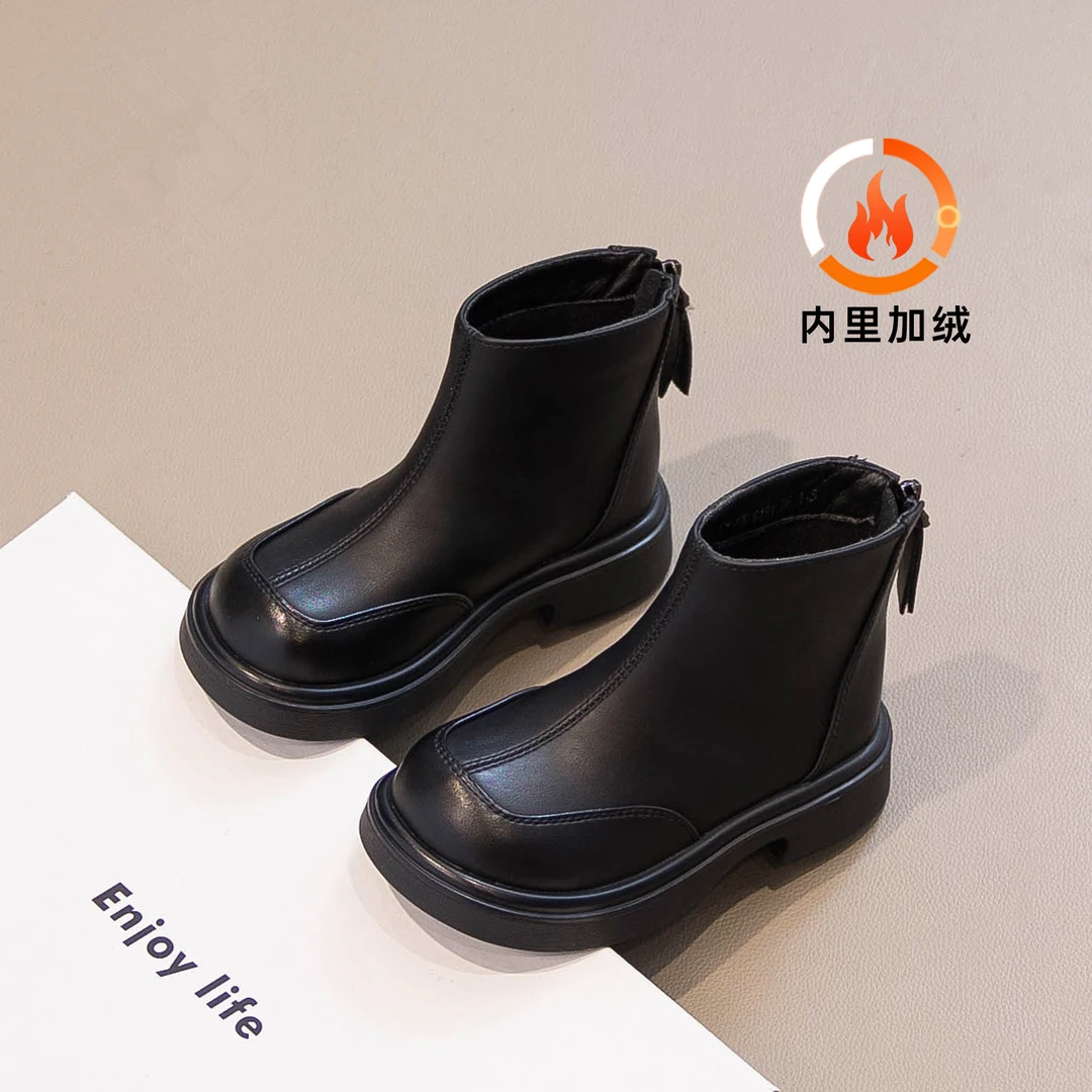 36l℃断码真皮女童公主马丁短靴2025秋冬新款儿童软底黑色加绒皮靴