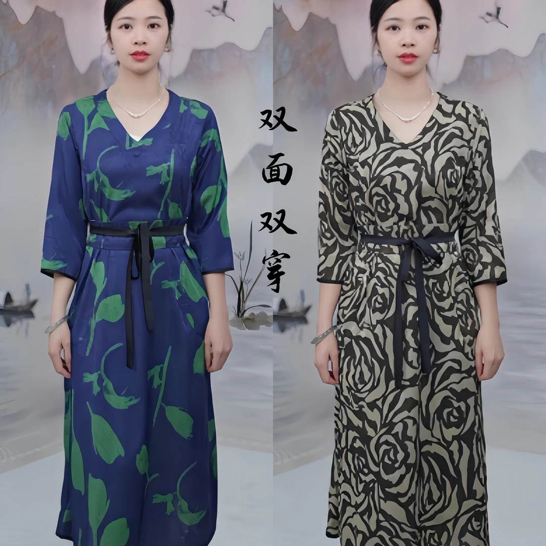 2501 双面双穿重工提花抽象玫瑰V领显瘦国风女装连衣裙