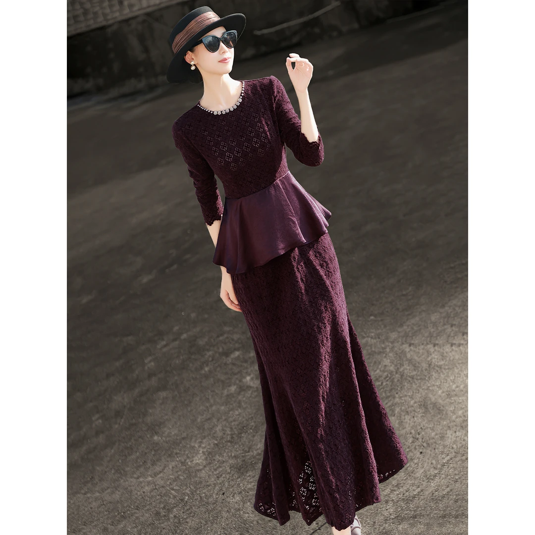 兰瑟儿秋冬裙子新款法式镂空蕾丝拼接假两件鱼尾连衣裙105QL3431