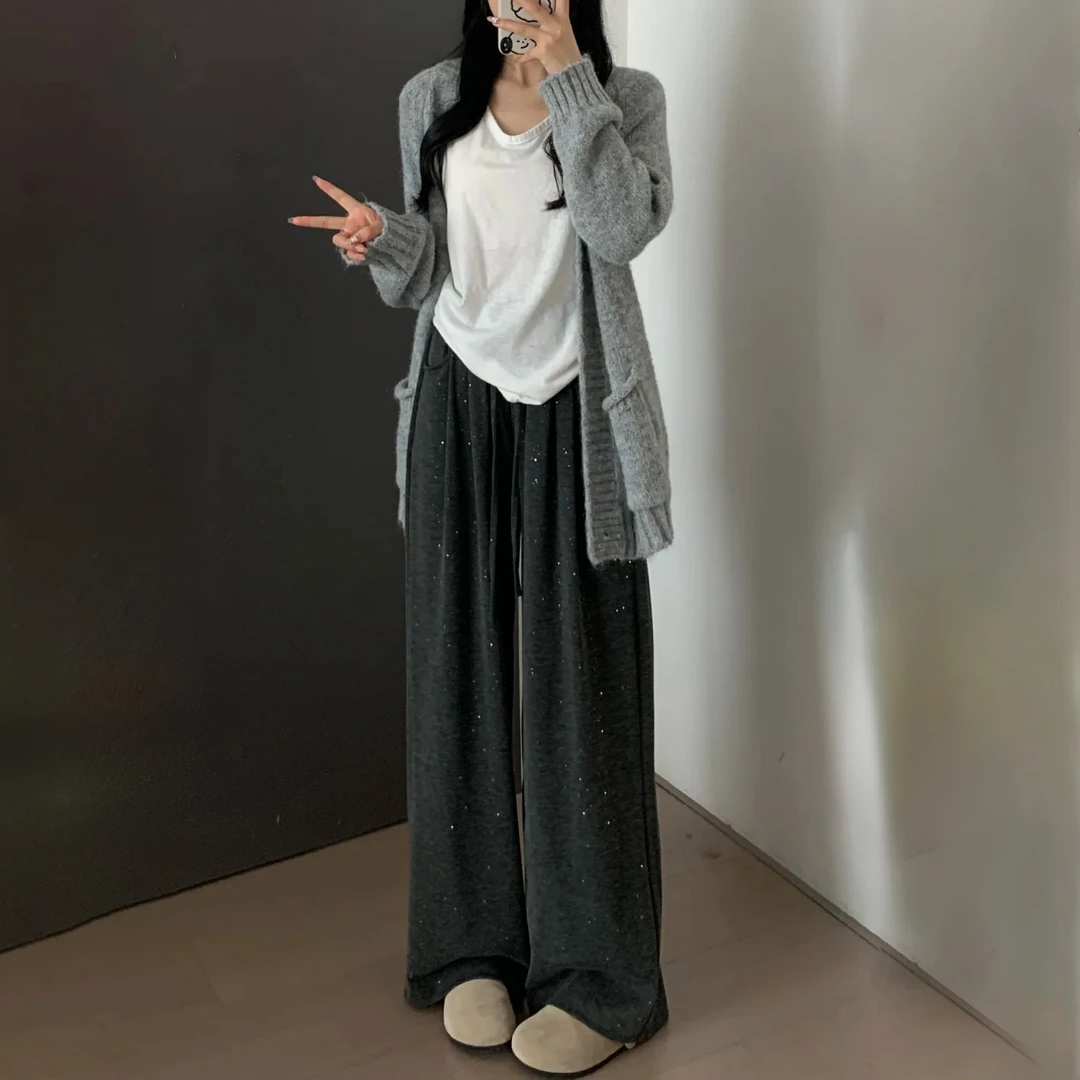 300斤大码闪钻慵懒糯米裤女秋冬加绒高腰宽松显瘦垂感软糯阔腿裤
