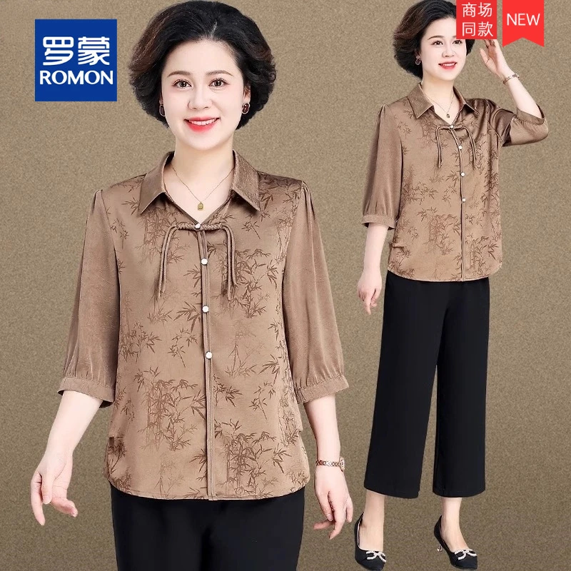 新中式妈妈春夏套装2025新款中老年女装七分袖衬衫春夏季国风上衣