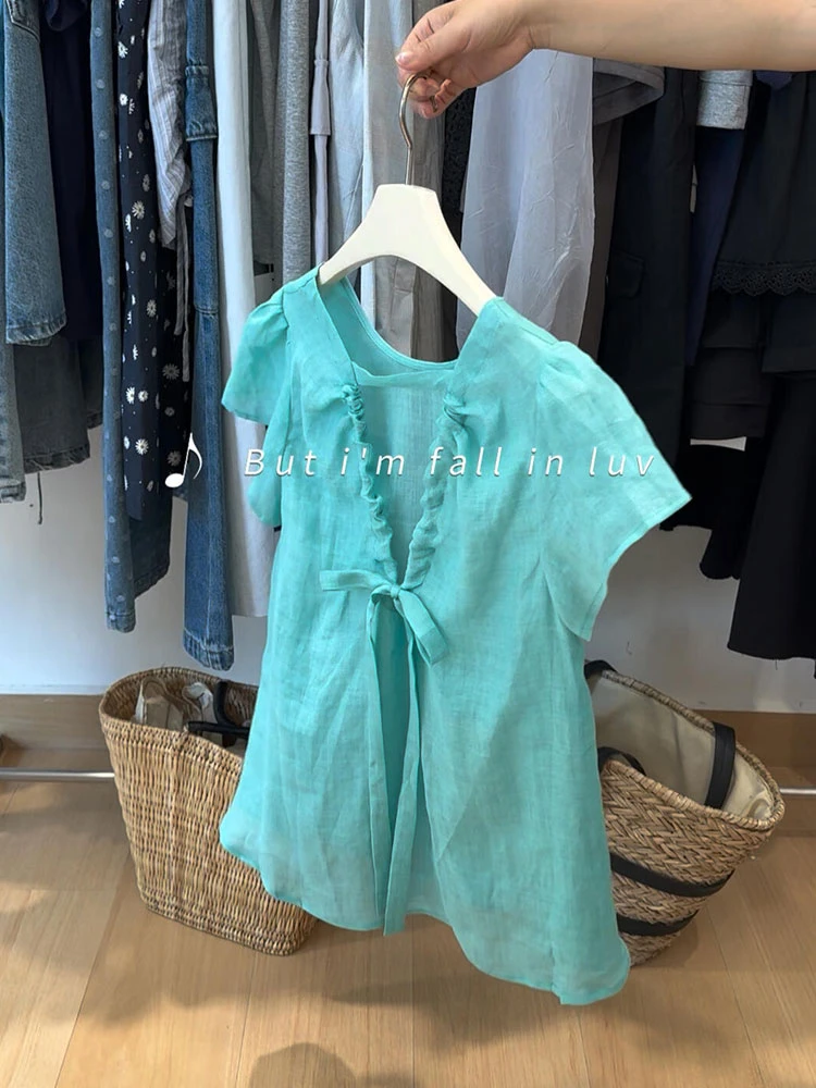 推荐！夏季显瘦苎麻衬衫精致感露背显瘦薄荷绿色高端短袖上衣女