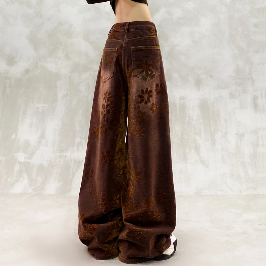 金丝绒加厚水洗休闲牛仔裤女冬新款高腰宽松显瘦百搭直筒阔腿裤潮