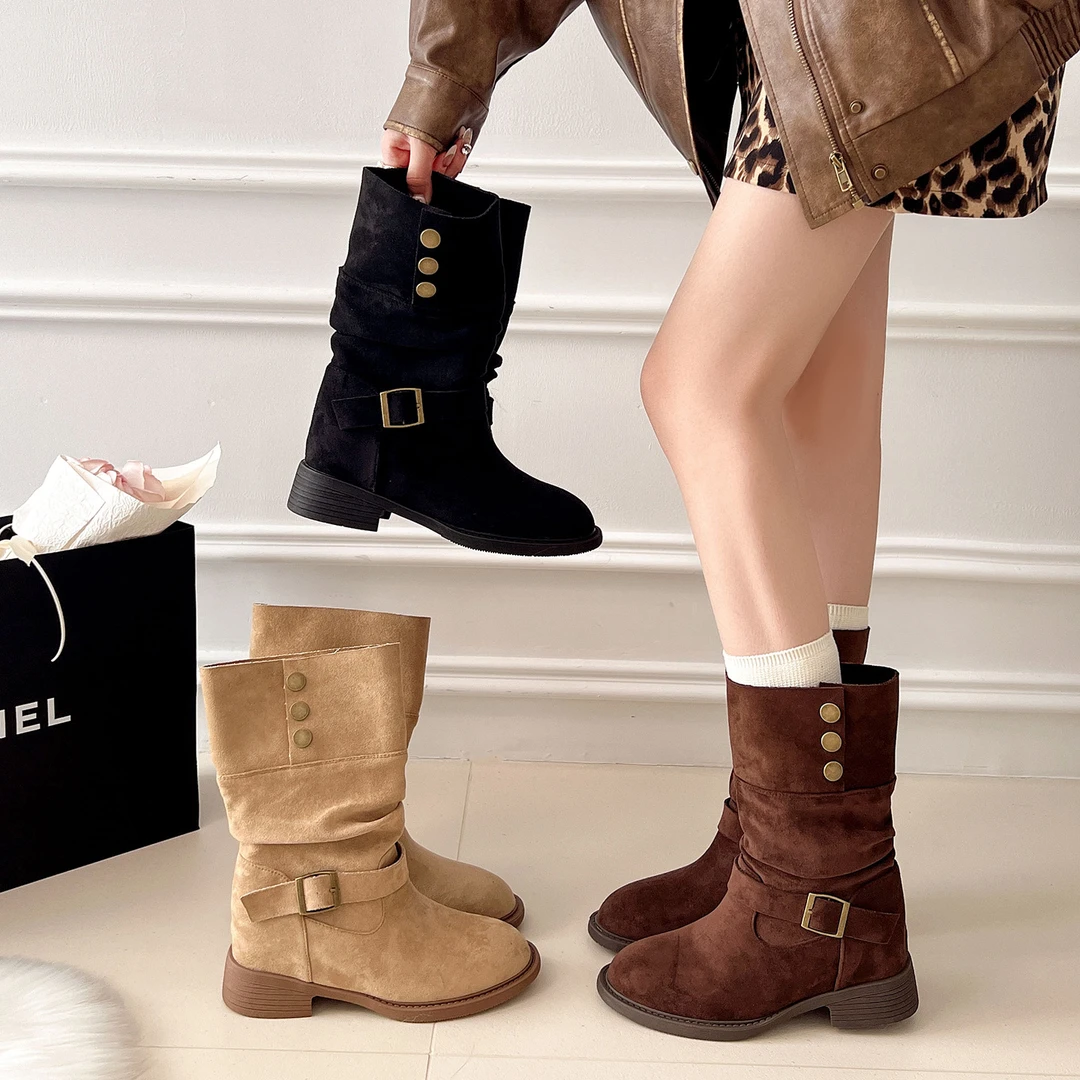 一靴多穿2025秋冬新款西部牛仔靴复古粗跟高筒长靴绒面褶皱堆堆靴