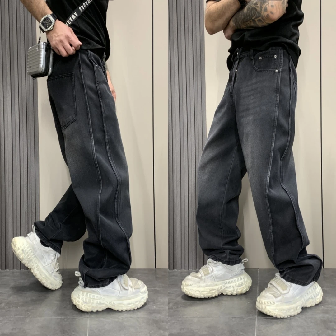 2025春季新款潮牌牛仔裤立体裁剪弯刀裤显瘦男士潮流直筒阔腿裤帅