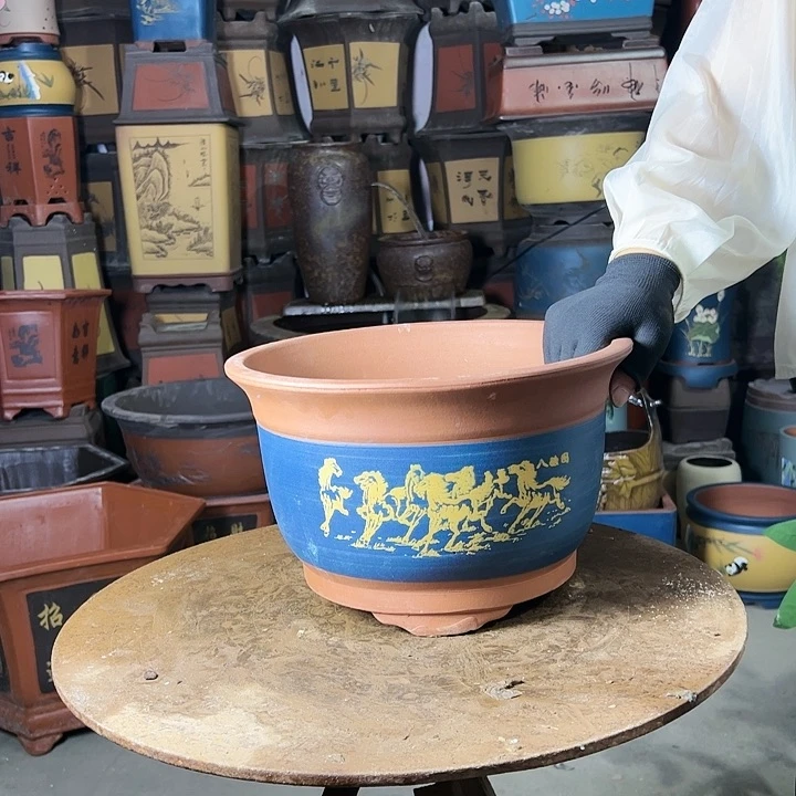 30蓝色八骏图花盆花盆花盆