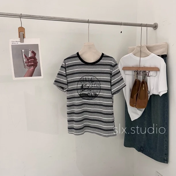 slx@ 8640 美式小狗拼色领T恤