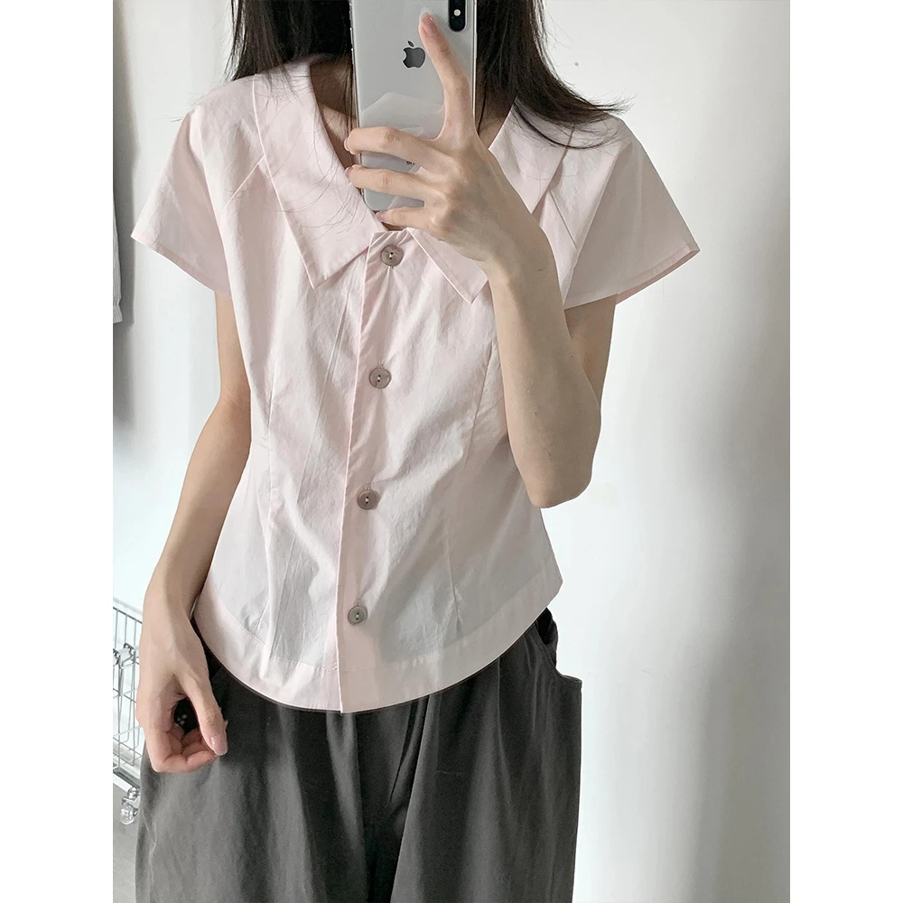 粉色短袖衬衫女夏季2025新款小个子收腰显示衬衣短款百搭纽扣上衣