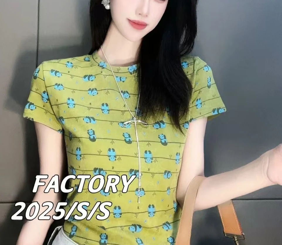 欧货小熊短袖棉T恤女2025夏新款时尚印花减龄显瘦百搭上衣25854#