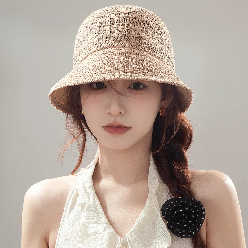 日系针织镂空渔夫帽子女春夏2025新款透气遮阳帽子显脸小盆帽