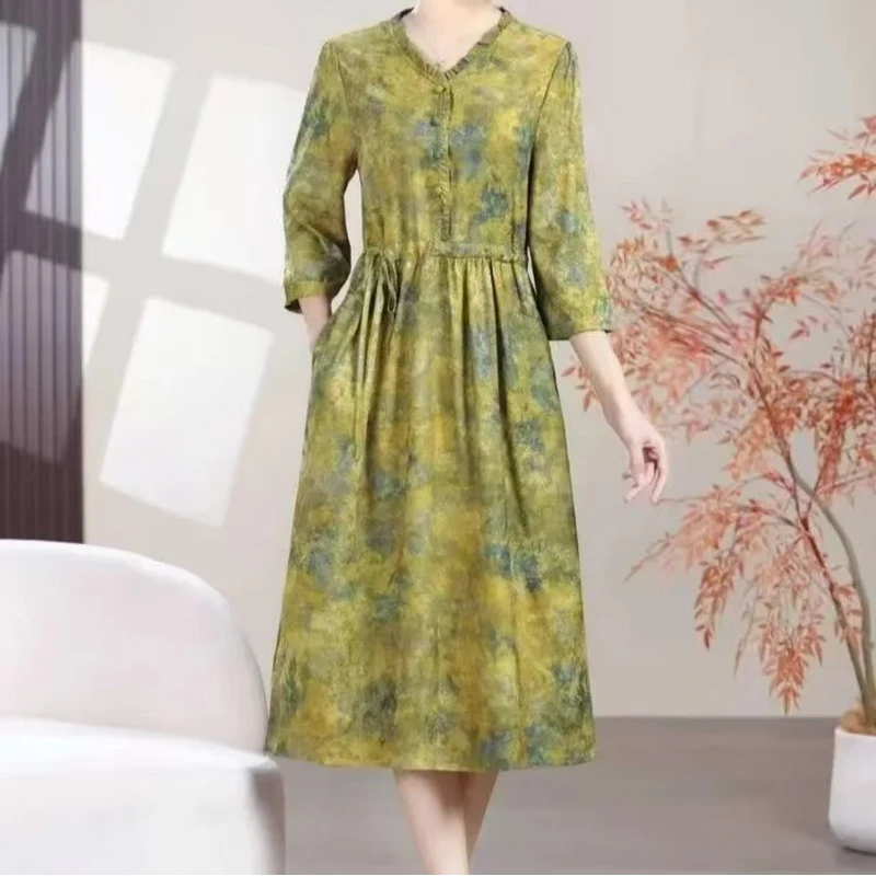 绿-金缕满叶  时尚轻奢亲肤透气中长款连衣裙