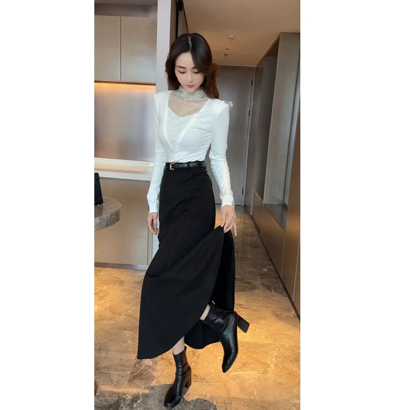 含腰带/名媛风气质洋气重工网钻堆堆领打底衫女鱼尾半身裙长裙潮