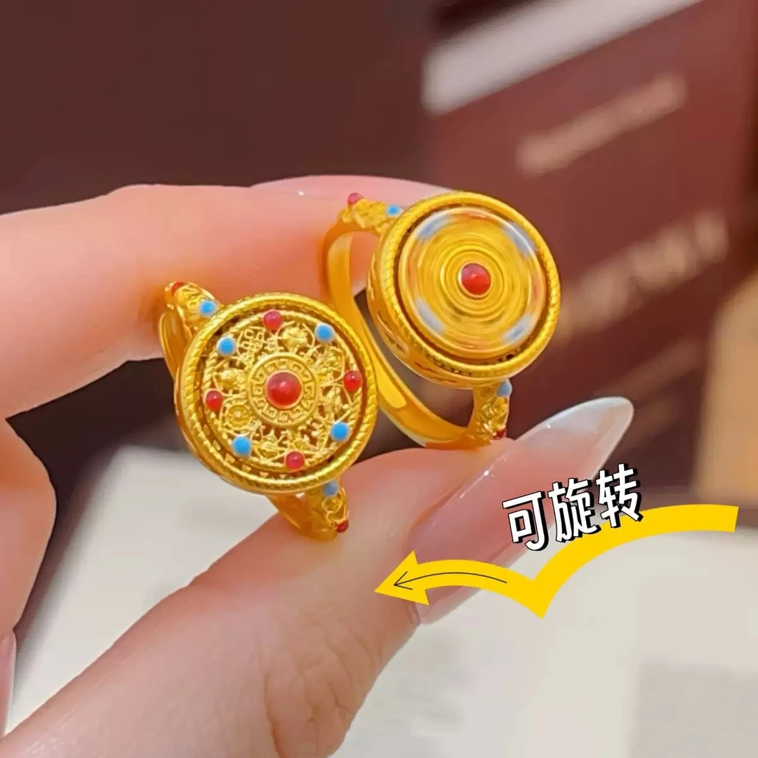 铜合金戒指 珐琅彩旋转八宝罗盘戒指新中式灵转彩色罗盘精美戒指