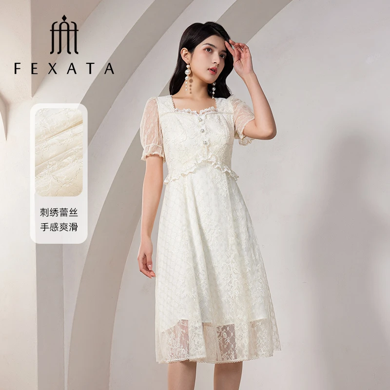 FEXATA斐格思连衣裙2025夏季新品浪漫法式刺绣蕾丝裙