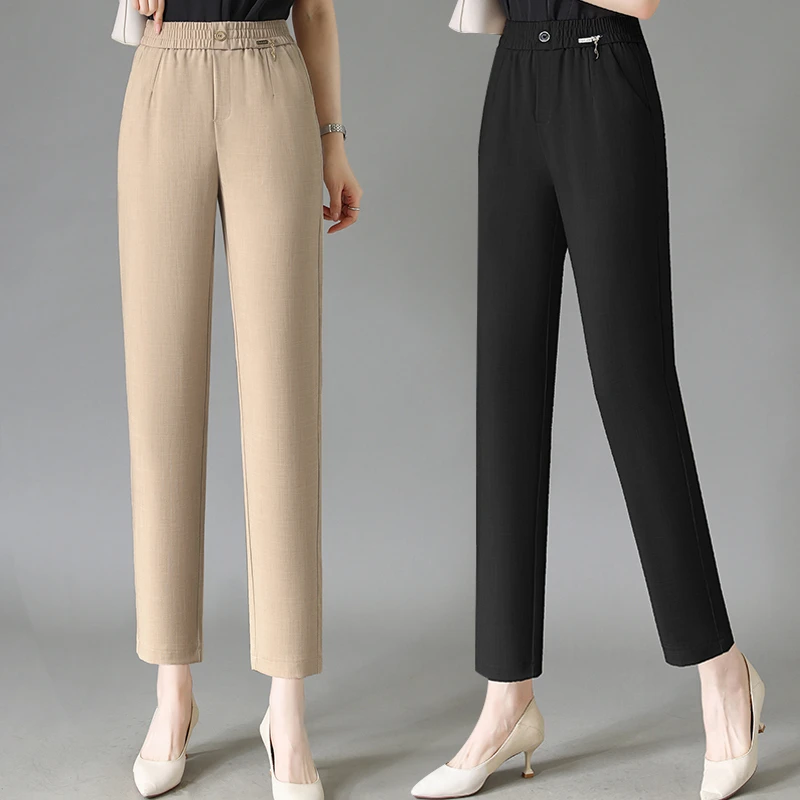 2025中老年女装春夏松紧腰显瘦直筒裤百搭妈妈装薄款休闲裤子9205