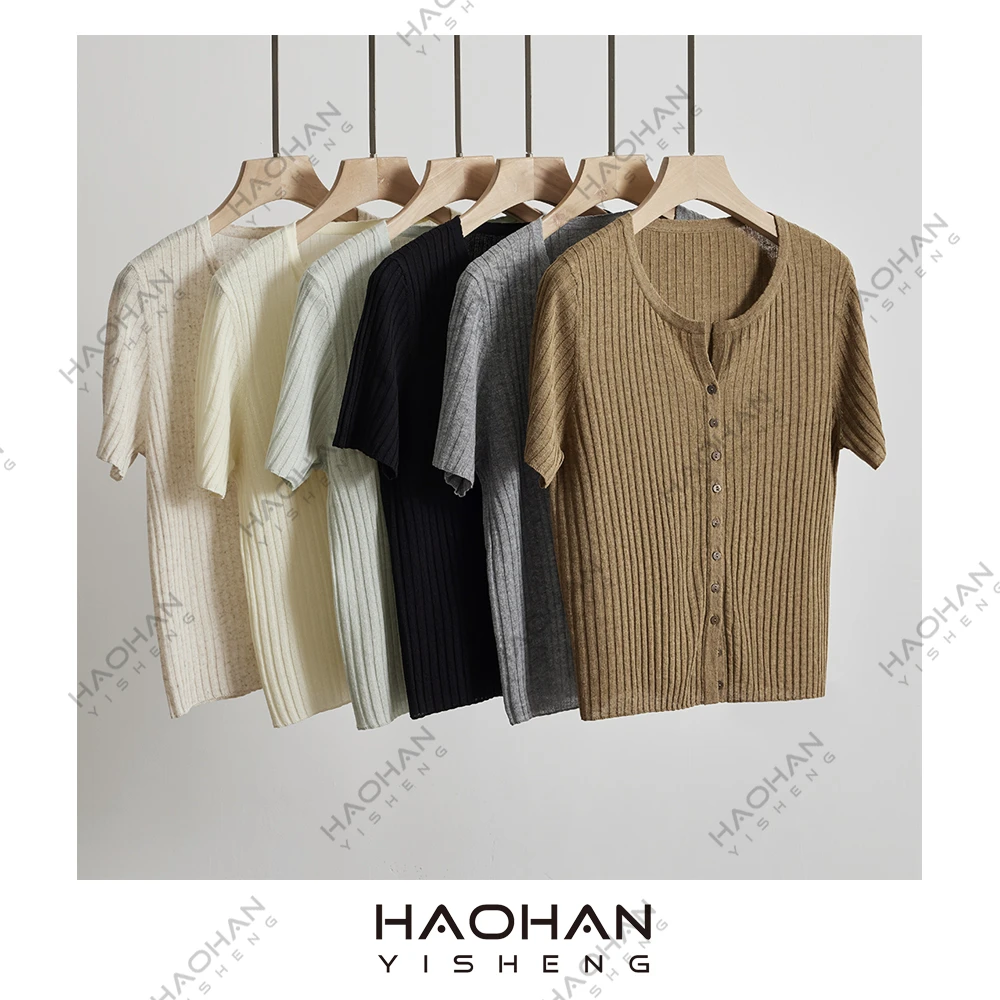 #昊涵HAOHAN# 夏季薄款 亚麻混纺简约休闲针织衫开衫短袖CO-25906