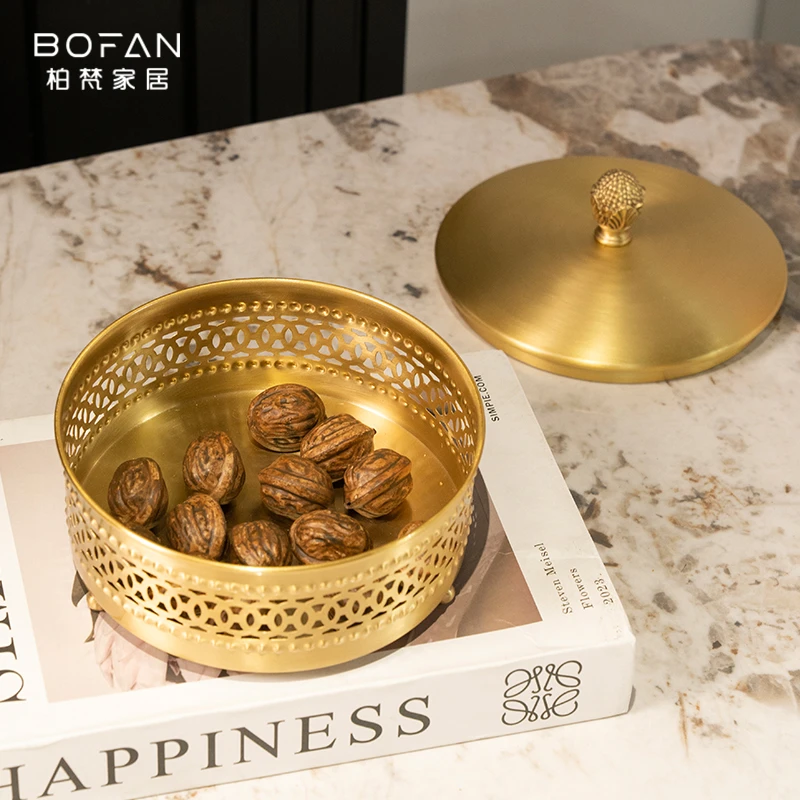 bofan/柏梵黄铜收纳盒带盖轻奢客厅桌面复古镂空高档糖果盒饰品