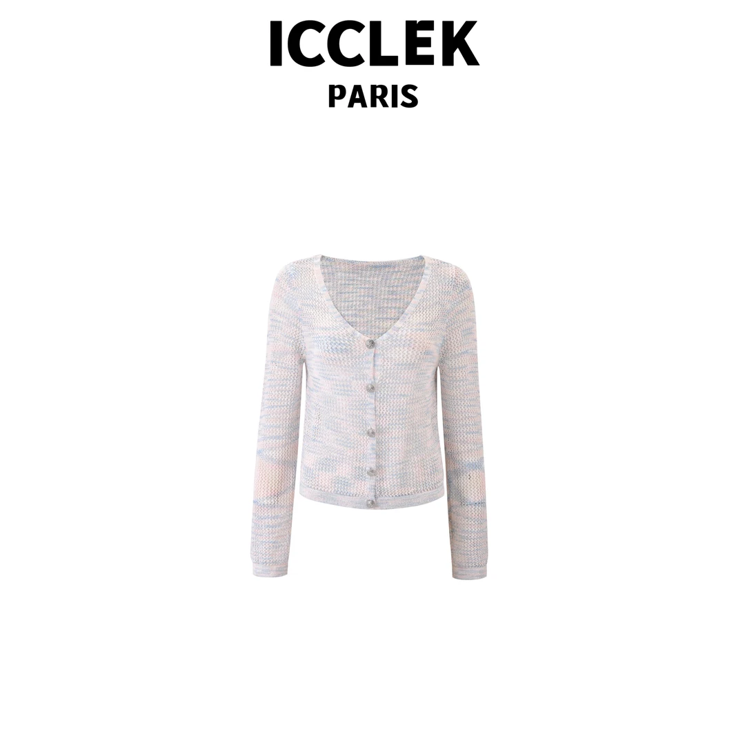 ICCLEK 白色V领开襟镂空短袖薄款针织衫 -5383