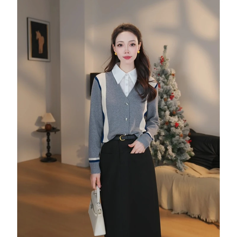 【曼贝】2025新款针织衫女套头小众气质假两件毛衣打底衫8444480