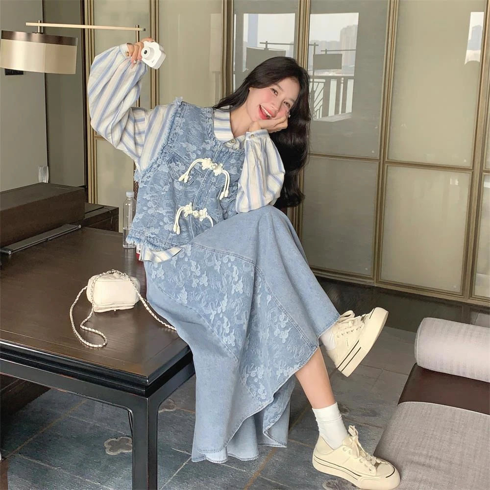 新中式国风牛仔套装裙女春秋超好看盘扣禅意条纹衬衫半身裙三件套