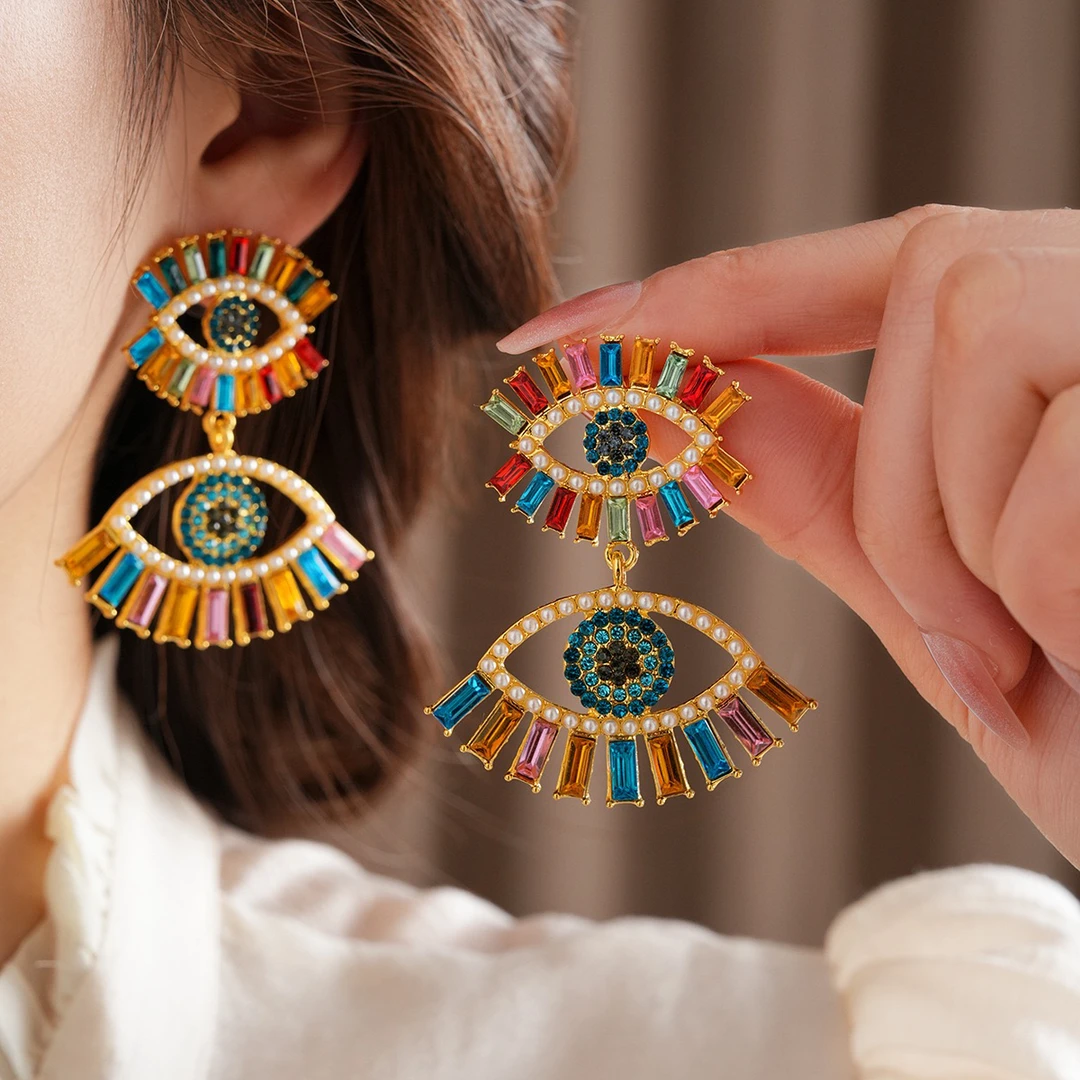 合金耳饰 中古轻奢耳环银针镶钻彩色珍珠耳钉气质百搭高级感复古