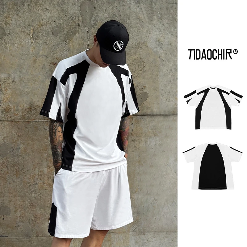 刀尺夏新美式复古款运动拼色落肩T恤 男潮牌宽松短袖