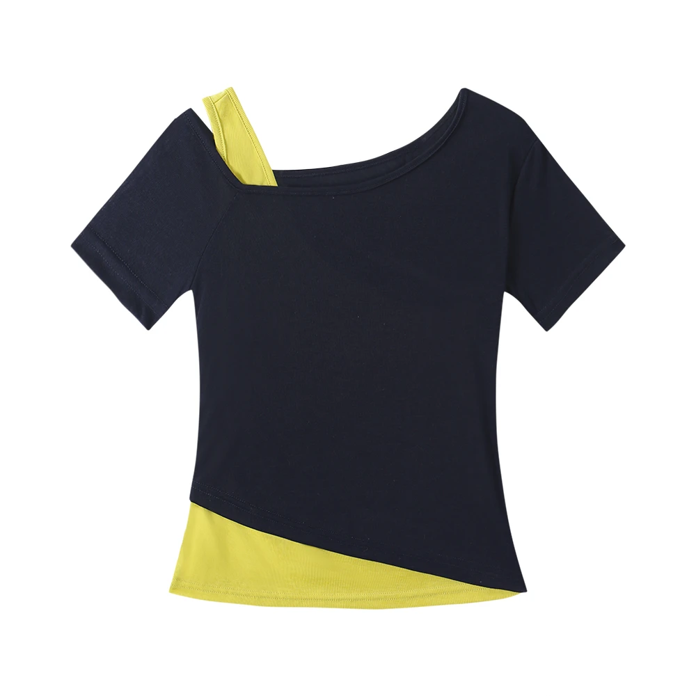 轻奢假两件短袖T恤女夏季小个子爆款露肩设计感拼接撞色修身上衣