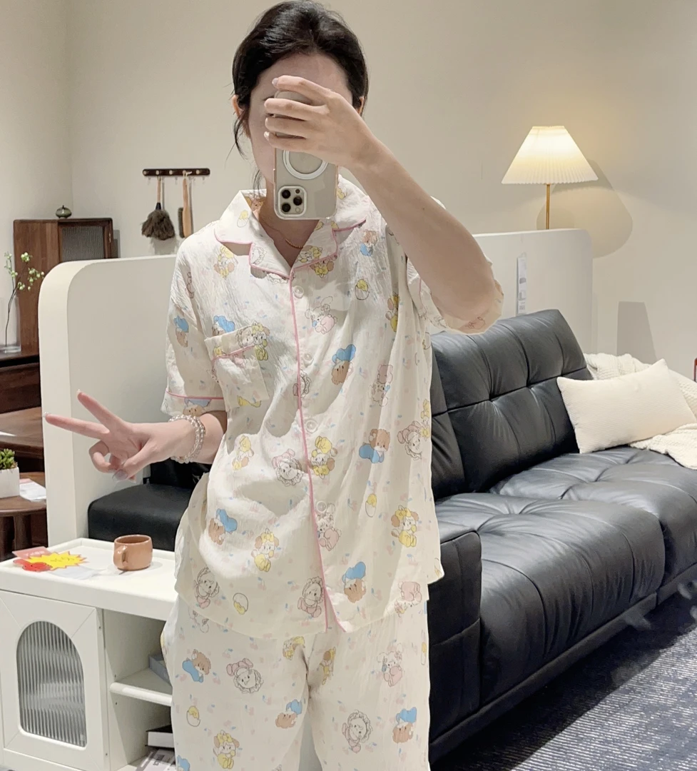 春夏新款卡通印花短袖三件套睡衣可爱减龄透气舒适亲肤女套装1845