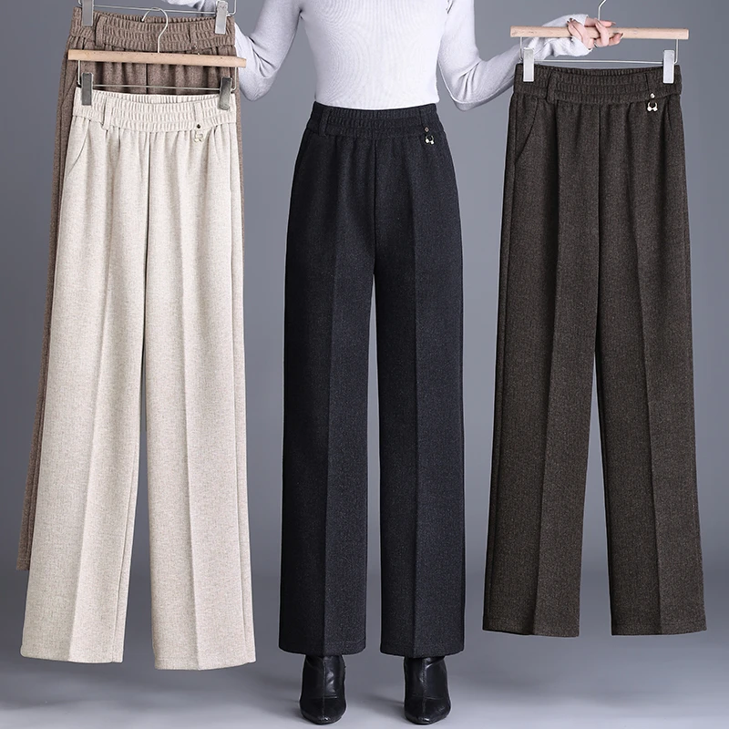 [高定琥珀棕]秋冬高腰窄版直筒裤女士保暖休闲裤长裤星空纹羊绒裤