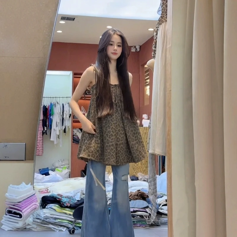 2025夏季新款法式复古豹纹绑带蝴蝶结吊带上衣百搭牛仔裤两件套女