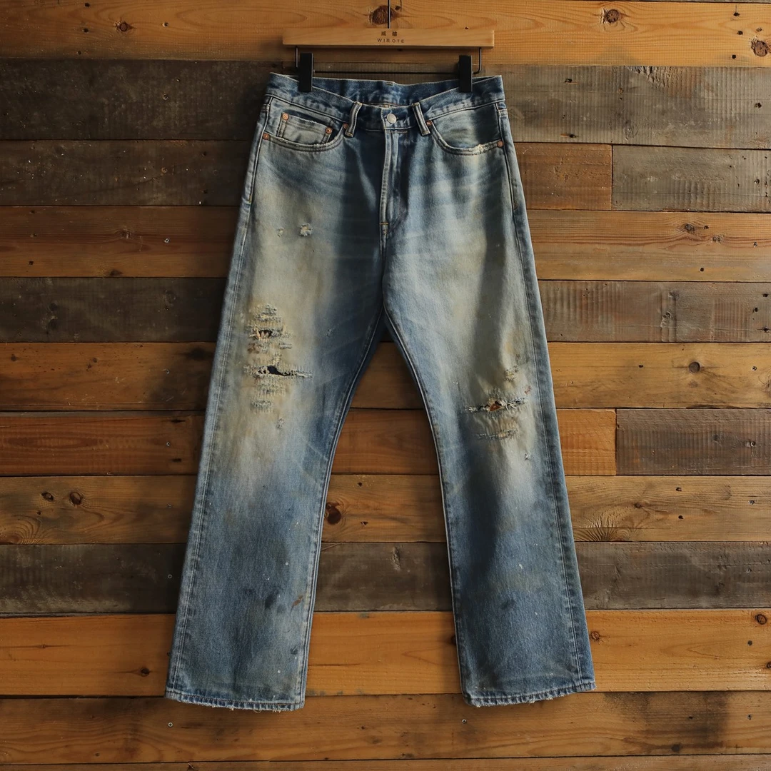WIROTE/威络破洞刺绣补丁油污做旧长绒棉复古水洗微喇517牛仔长裤