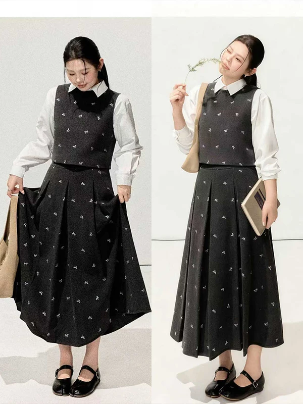 大码韩系高级感背心内搭衬衫半身裙三件套女秋季胖mm上衣长裙套装