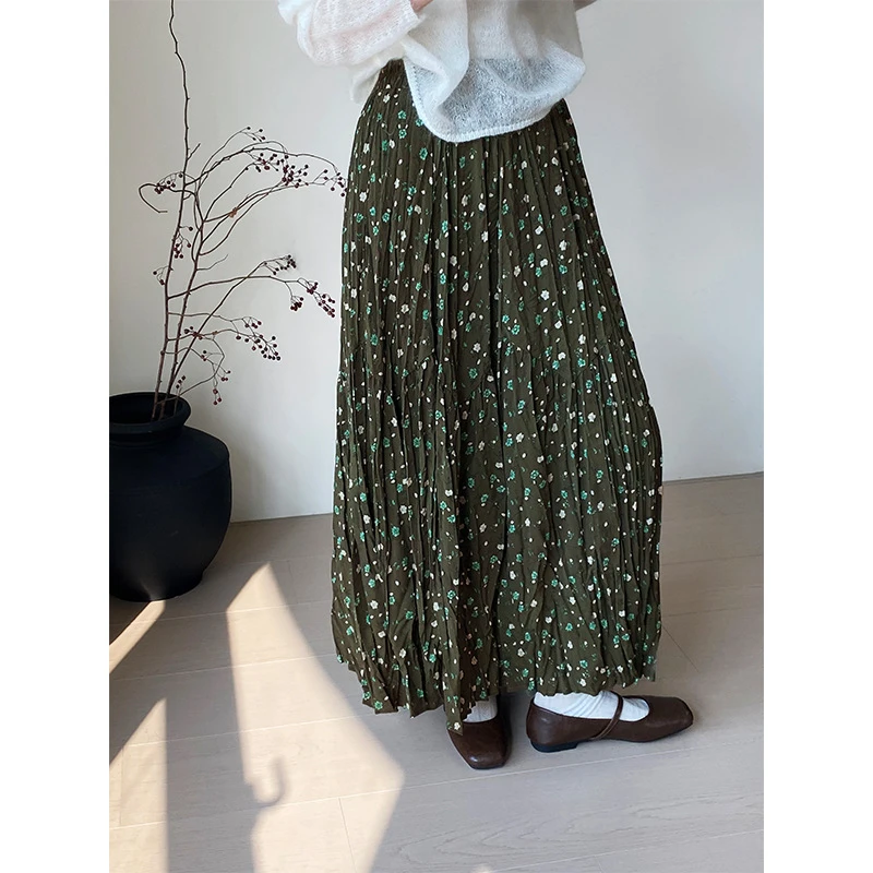 早春来信 温柔碎花压褶半身裙女复古垂感显瘦百搭长裙