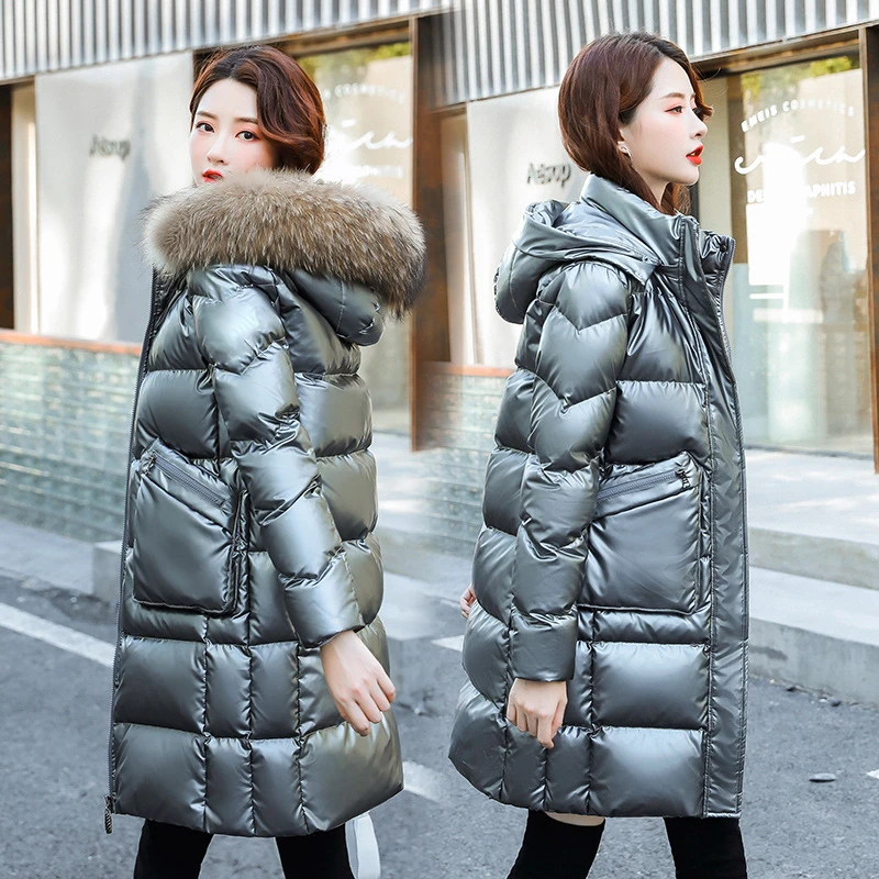 【奥莱正品】真毛领中长款羽绒服女秋冬季2024新款修身显瘦亮面免洗