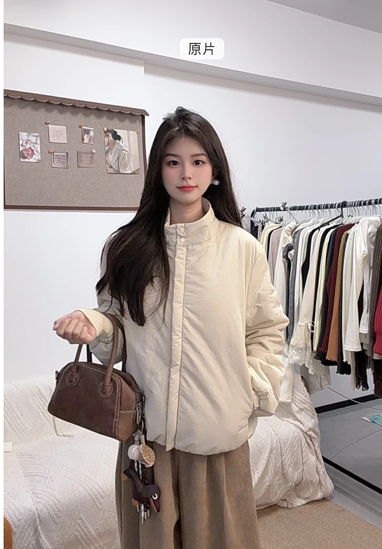 棉衣棉服女时尚短款宽松长袖透气百搭纯色保暖立领