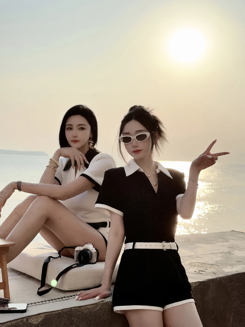 DOUWU【少女公主】黑白两色翻领上衣腰带连体短裤套装TZ13464