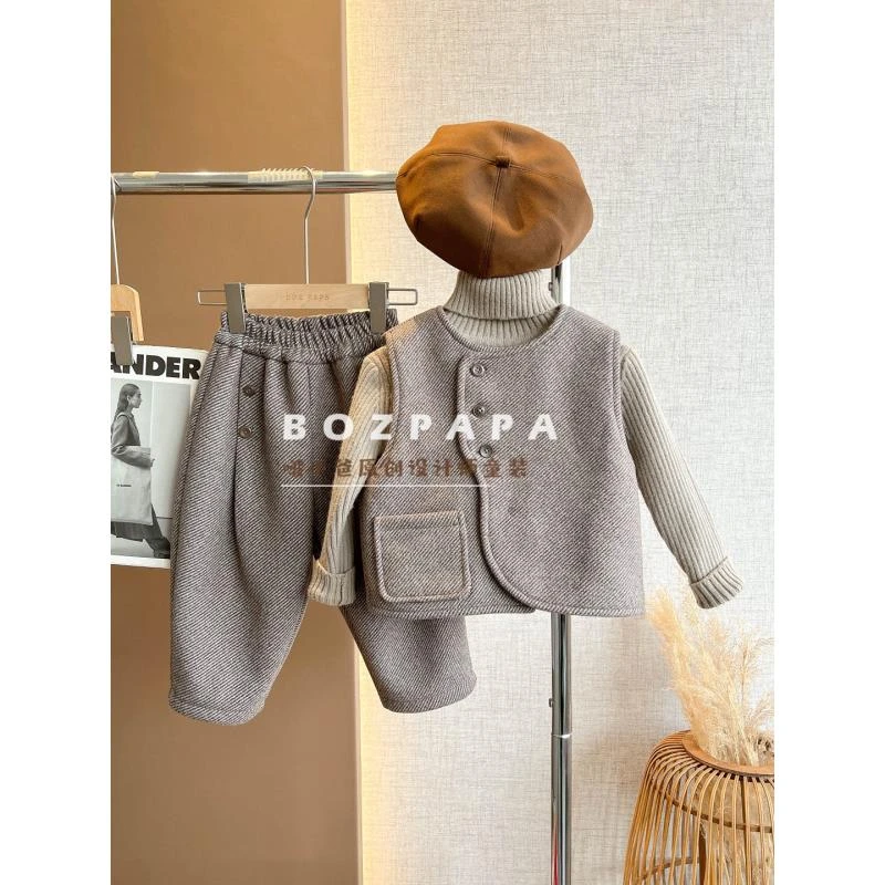 啵小爸【奶霜贝果】2025春季男童韩系设计感马甲加绒加厚二件套