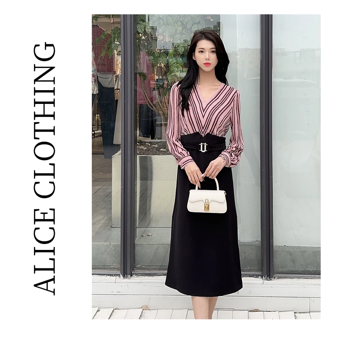 1alicelulu“ 条纹密码”通勤连衣裙气质拼接 端庄雅致H1032915Q