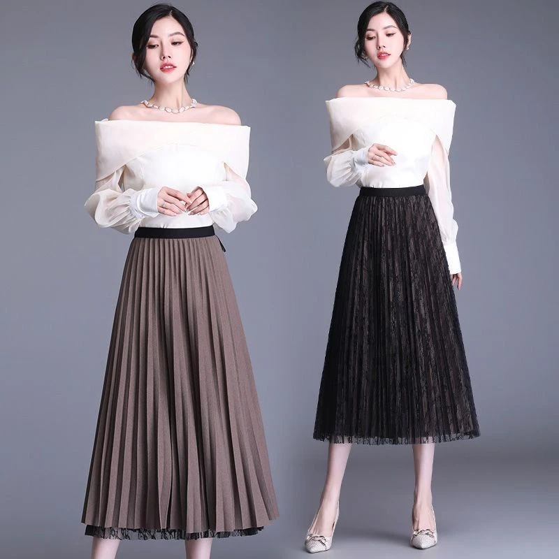 8827X 时尚显瘦百褶过膝蕾丝半身裙（3个颜色）