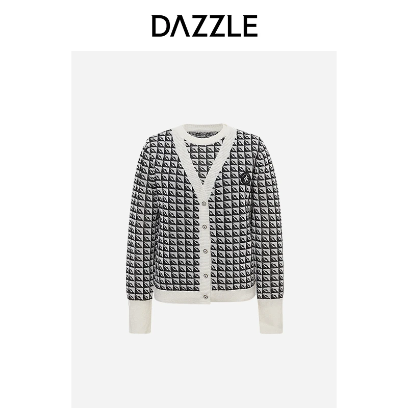 DAZZLE地素秋季黑白撞色针织开衫外套套装女2E3E555