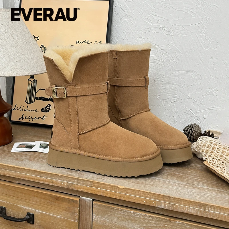 EVERAU厚底中筒雪地靴女冬季新两穿加绒保暖高筒东北棉靴UEA3019