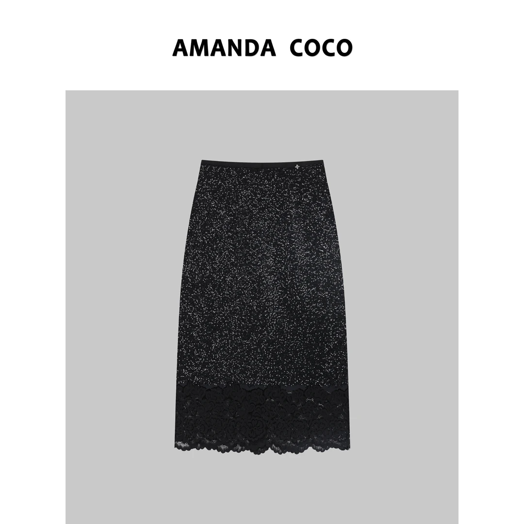 法式浪漫~高定重工亮片拼接蕾丝气质半裙V28527